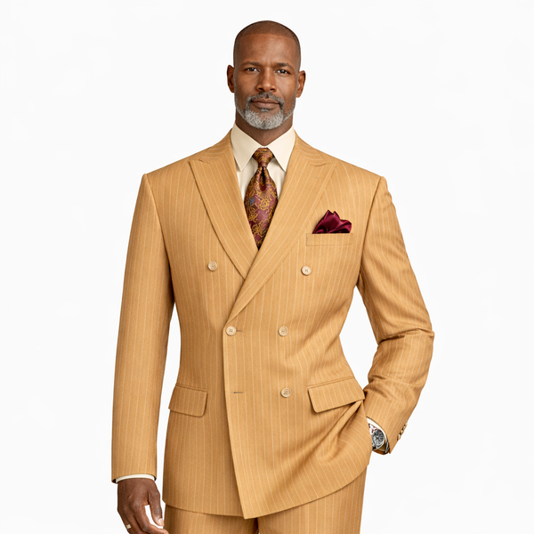 Men's Double Breasted Pinstripe Suit – Camel Relaxed Fit 2 Piece FDSS