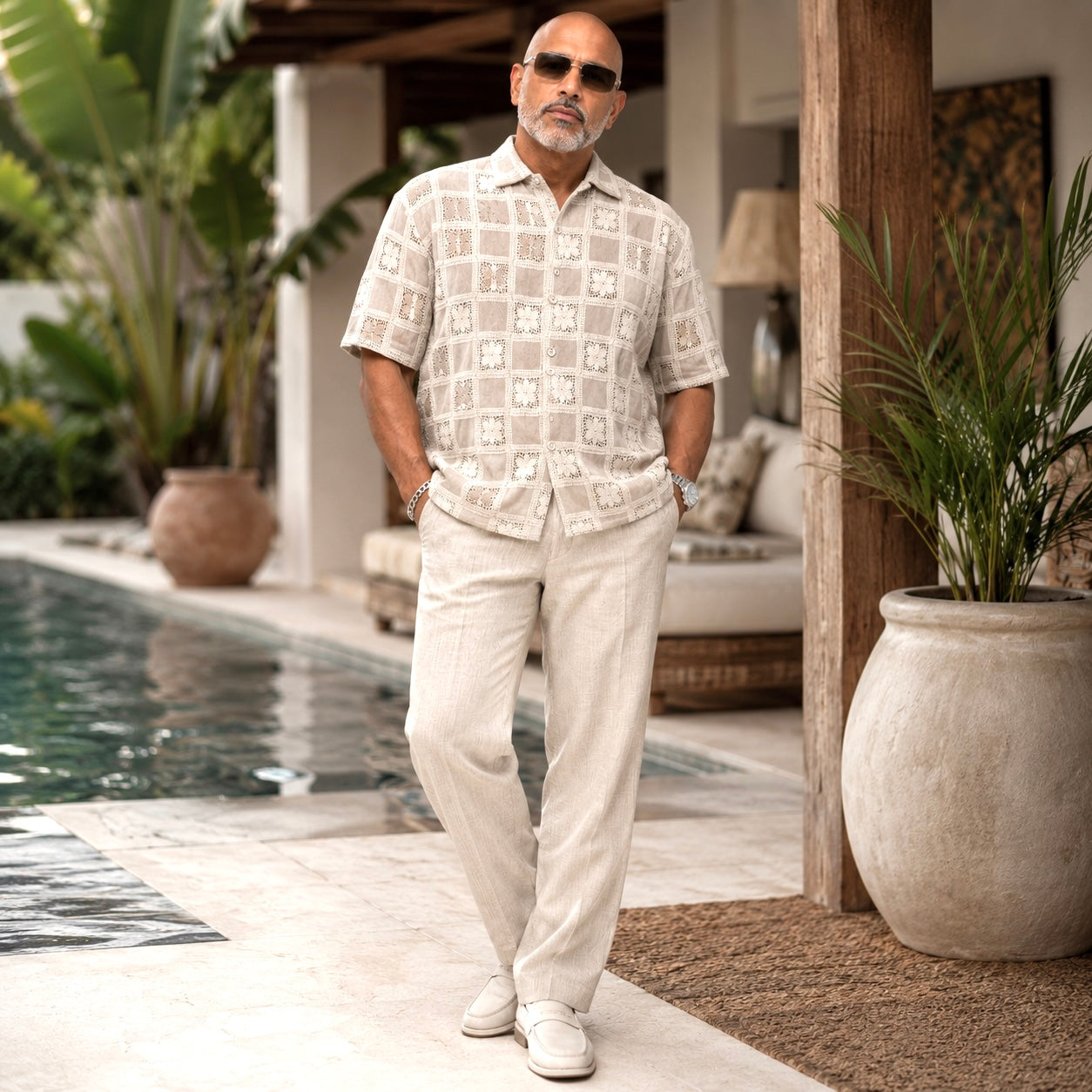 Lanzino Woven Pattern Linen Cotton Shirt - Gray 111