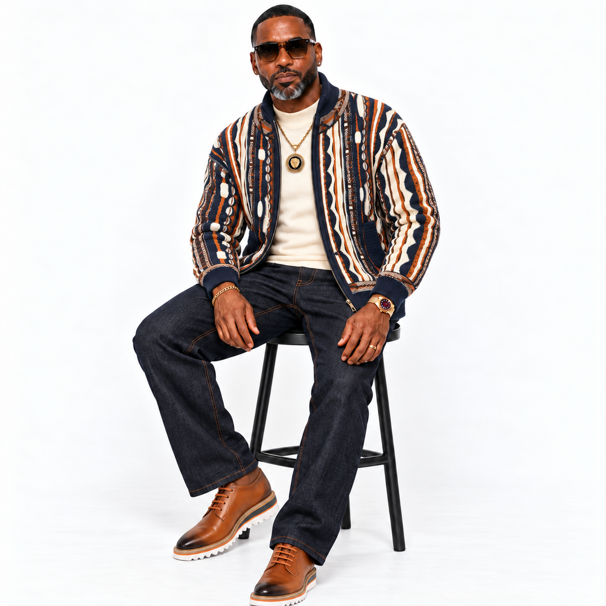 Silversilk Men’s Bomber Sweater Jacket: Blue Cream Cognac