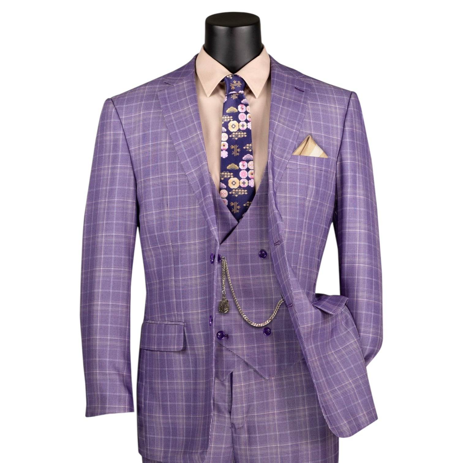 Men’s Glen Plaid 3 Piece Suit – Light Purple Regular Fit Double Breasted Vest V2RW7