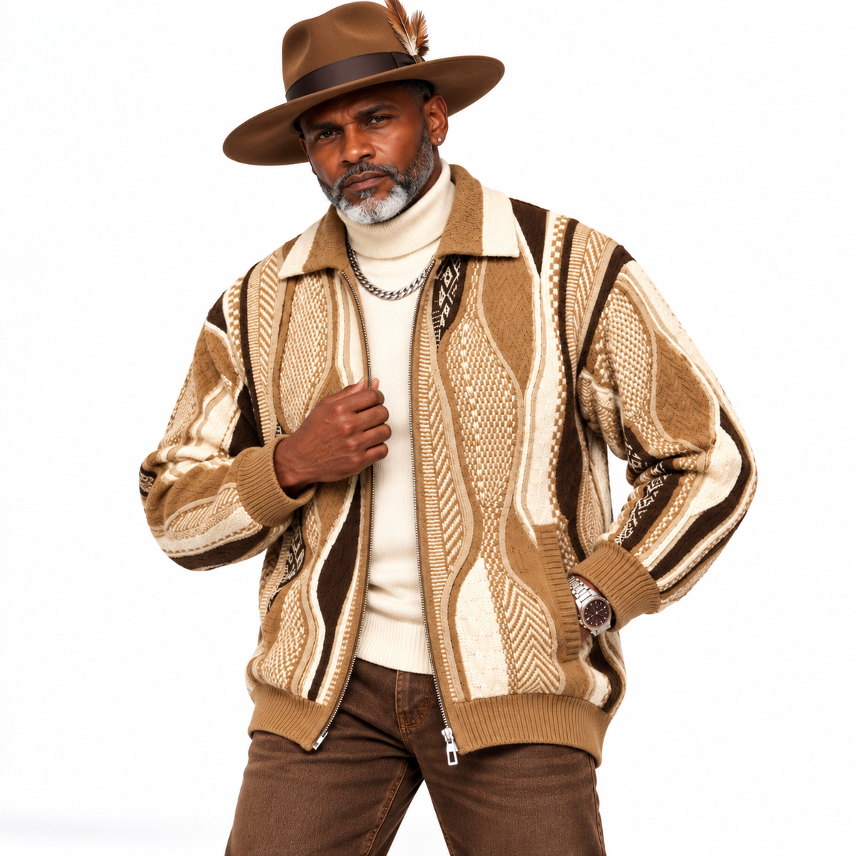 Silversilk Wool-Blend Full-Zip Sweater: Tan