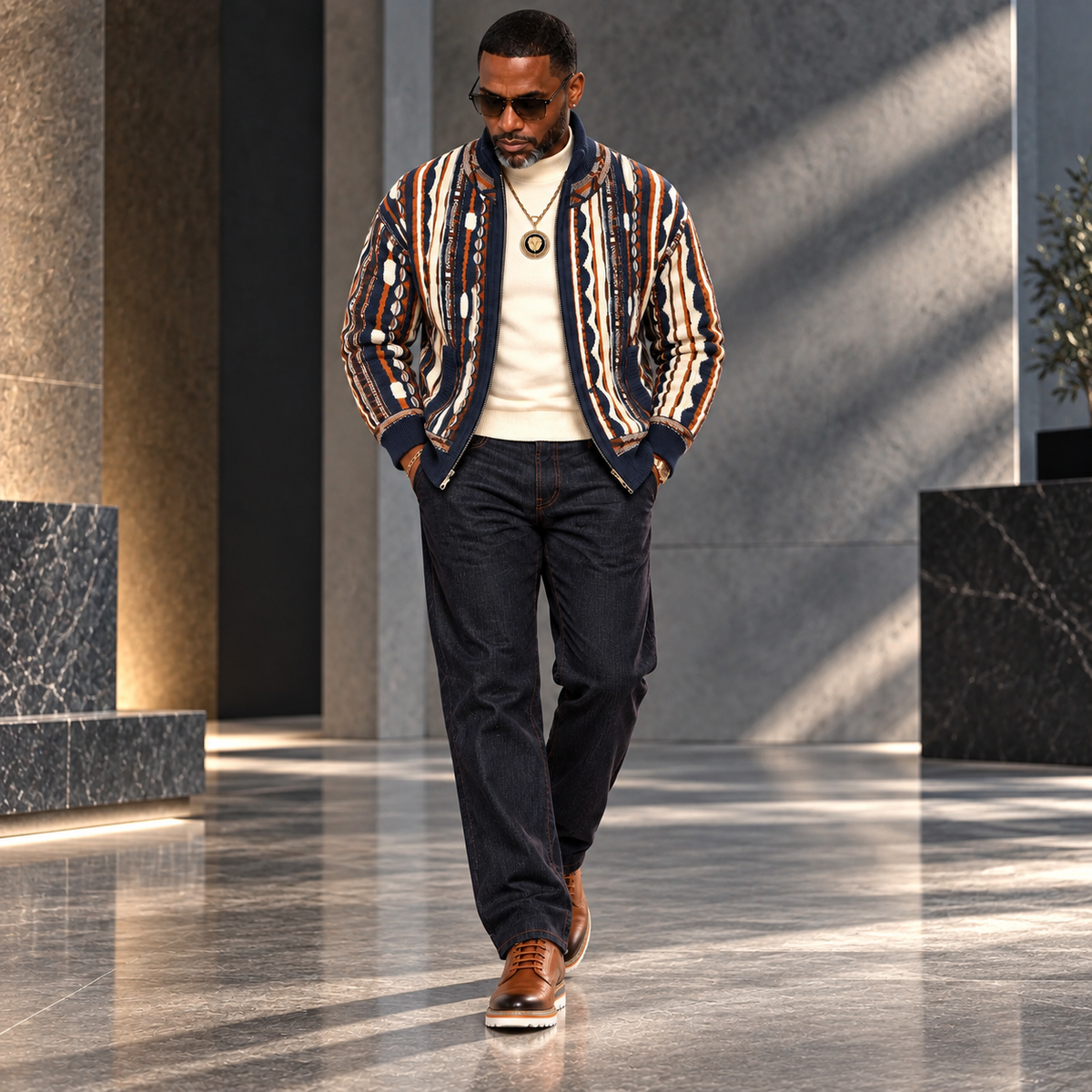Silversilk Men’s Bomber Sweater Jacket: Blue Cream Cognac