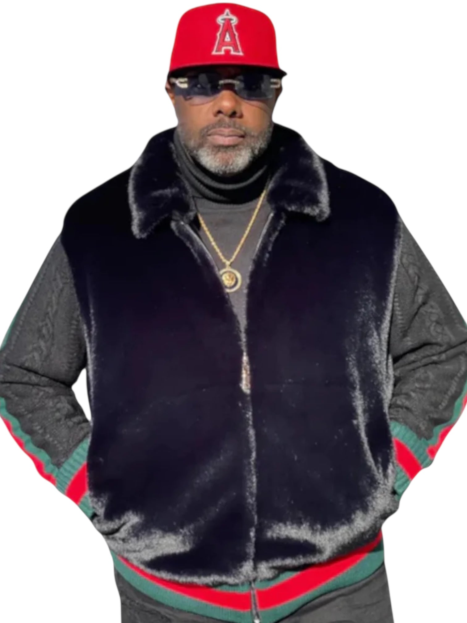 Prestige Fur Bomber Sweater Jacket (Black/Red/Green) 175