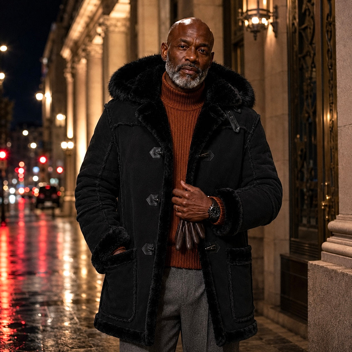 Jordan Craig Men’s Shearling Detachable Hooded Coat – Jet Black