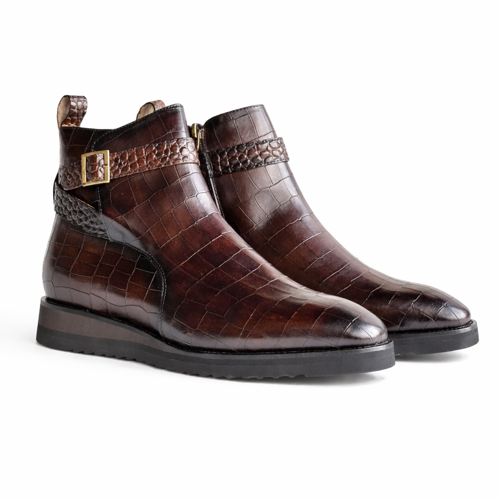 Carrucci Vesper Croco Embossed Cross Strap Buckle Boot – Brown