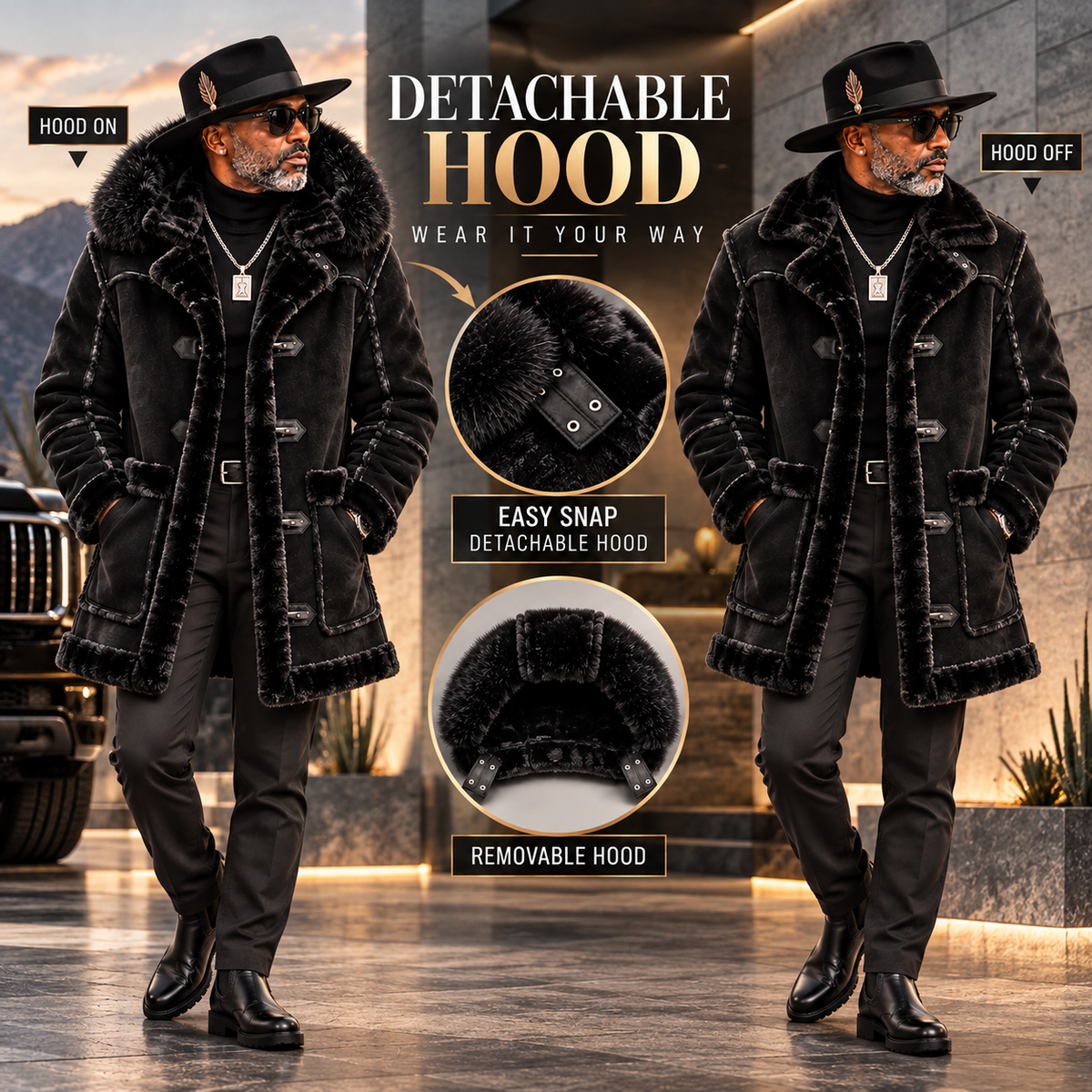 Jordan Craig Men’s Shearling Detachable Hooded Coat – Jet Black