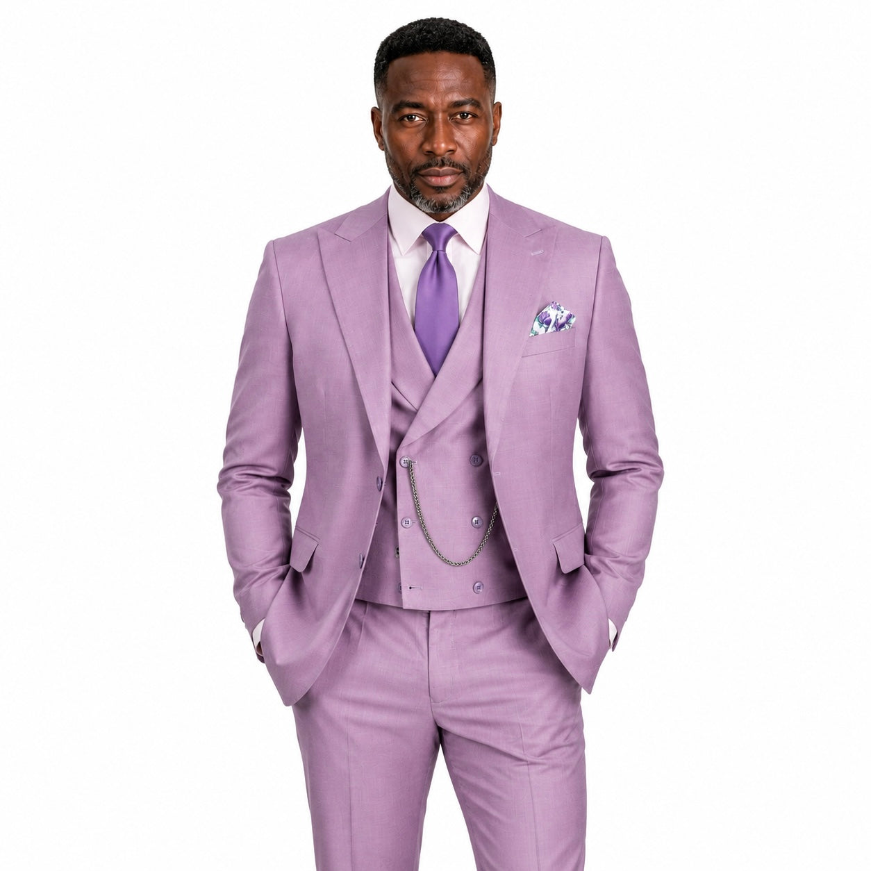 Men’s Modern Fit Summer 3-Piece Suit with Double-Breasted Vest – Lavender MV2K-2