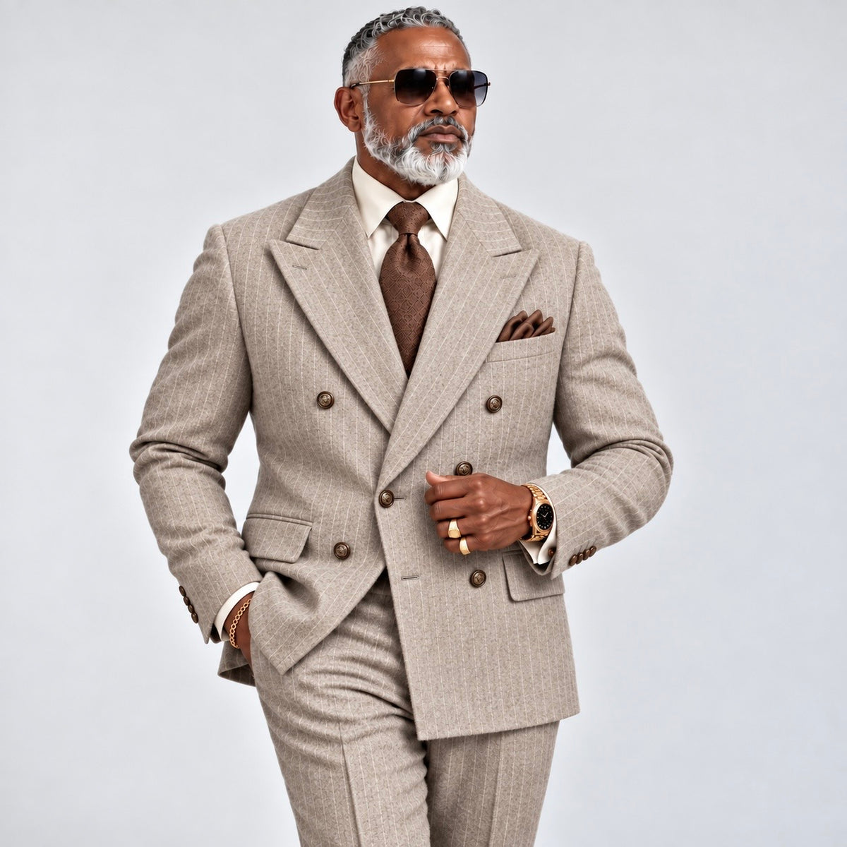 Inserch Wool Blend DB Wide Stripe Suit - Stone