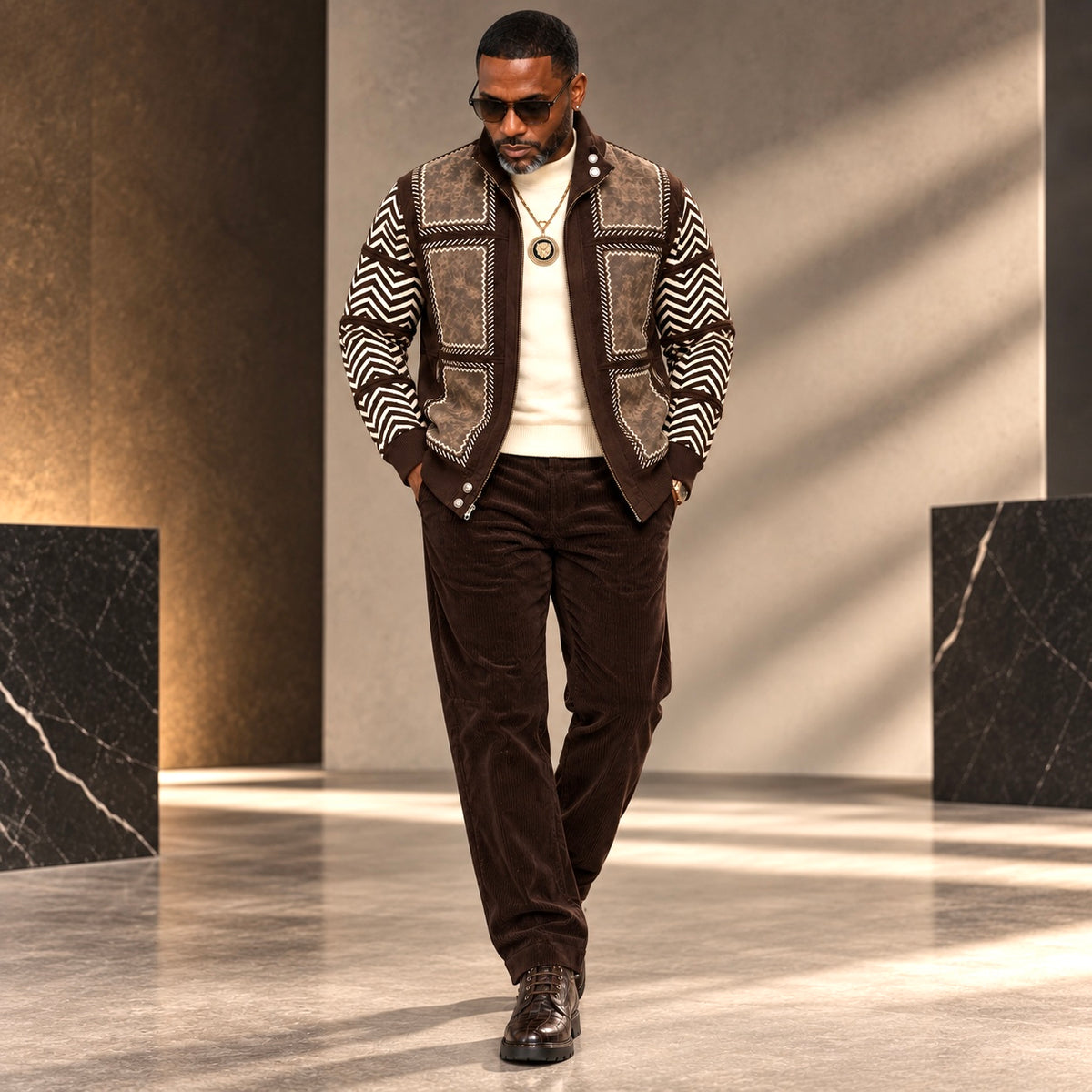 Silversilk Men’s Patchwork Full-Zip Sweater Jacket: Brown