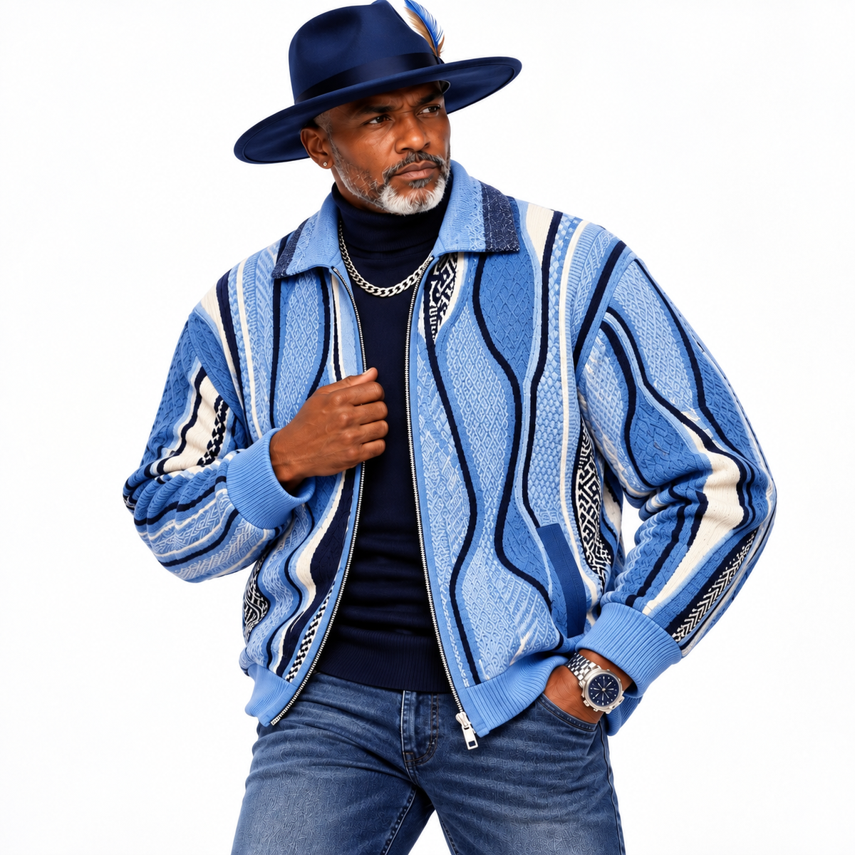Silversilk Wool-Blend Full-Zip Sweater: Blue