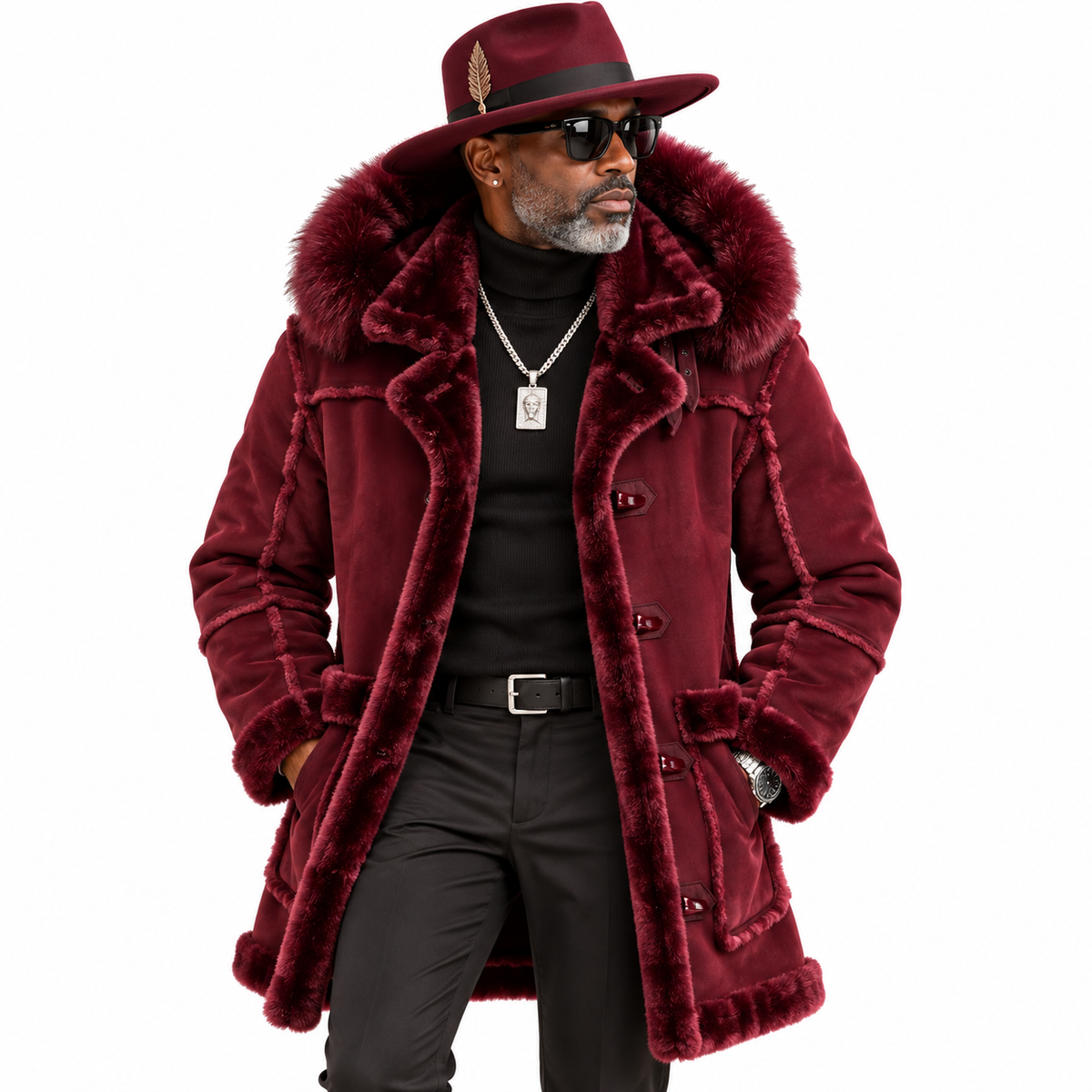 Jordan Craig Men’s Shearling Detachable Hooded Coat – Wine