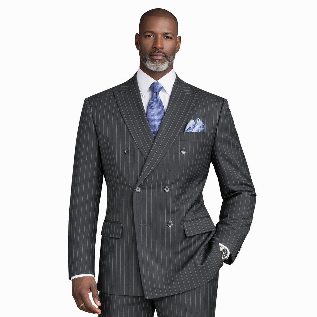 Men’s Double Breasted Pinstripe Suit – Charcoal Relaxed Fit 2 Piece FDSS