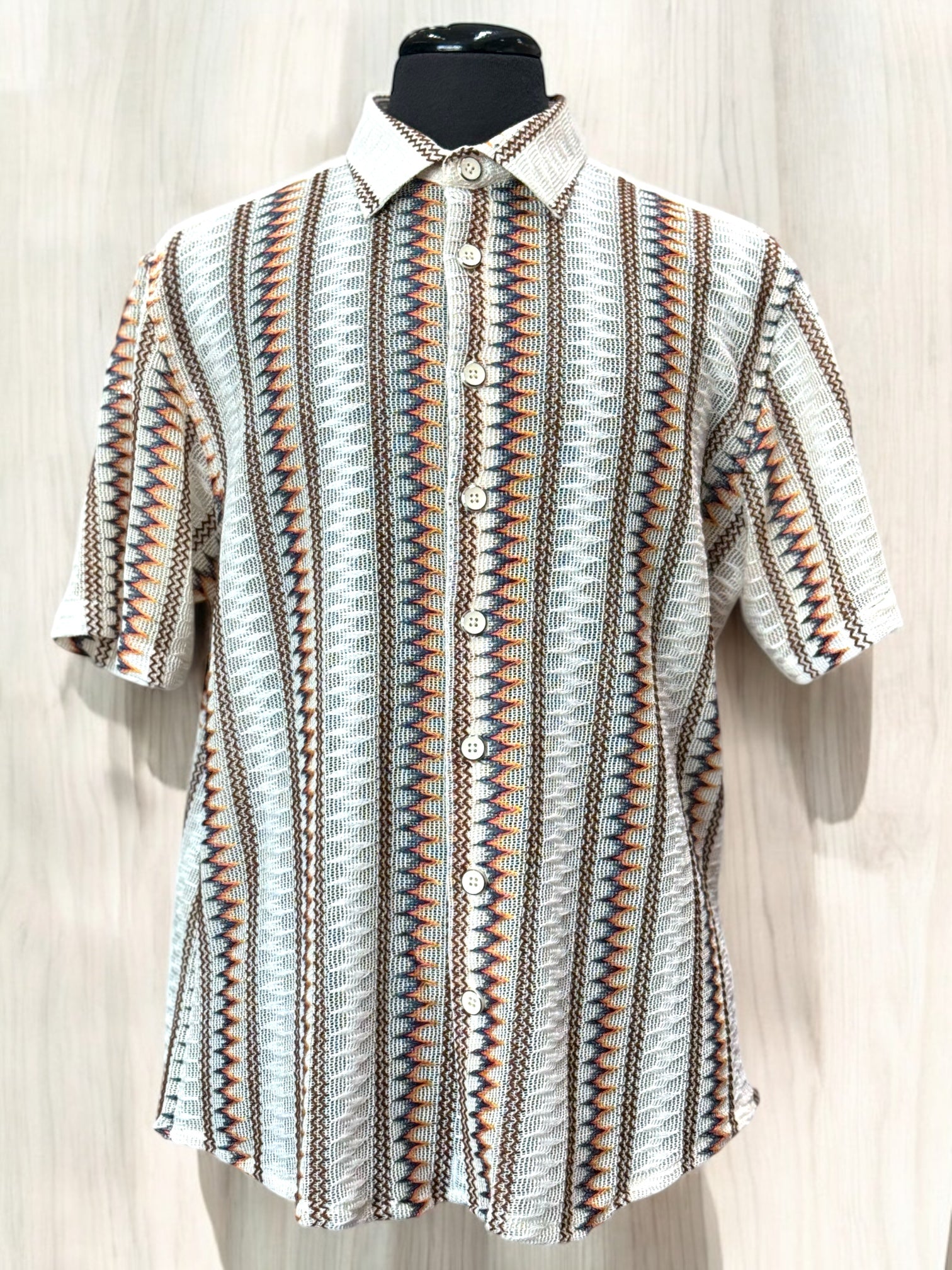 Lanzino "Woven" Short Sleeve Shirt (White/Beige) 117