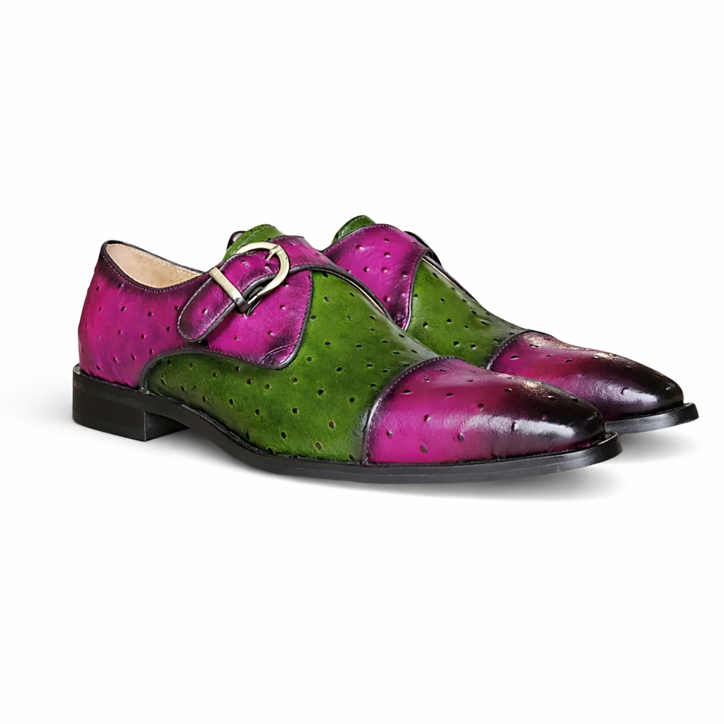 Carrucci Ostrich Embossed Cap Toe Monk Strap Leather Dress Shoes – Purple Olive