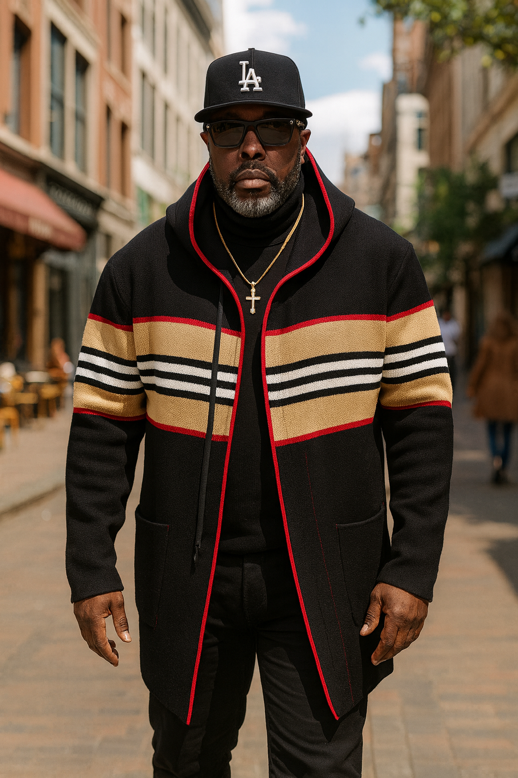 OIM "Burbs" Cardigan 3/4 Length Sweater Jacket (Black/Tan/Red)