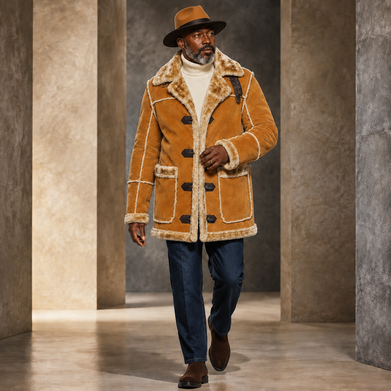 Jordan Craig Men’s Shearling Detachable Hooded Coat – Cognac