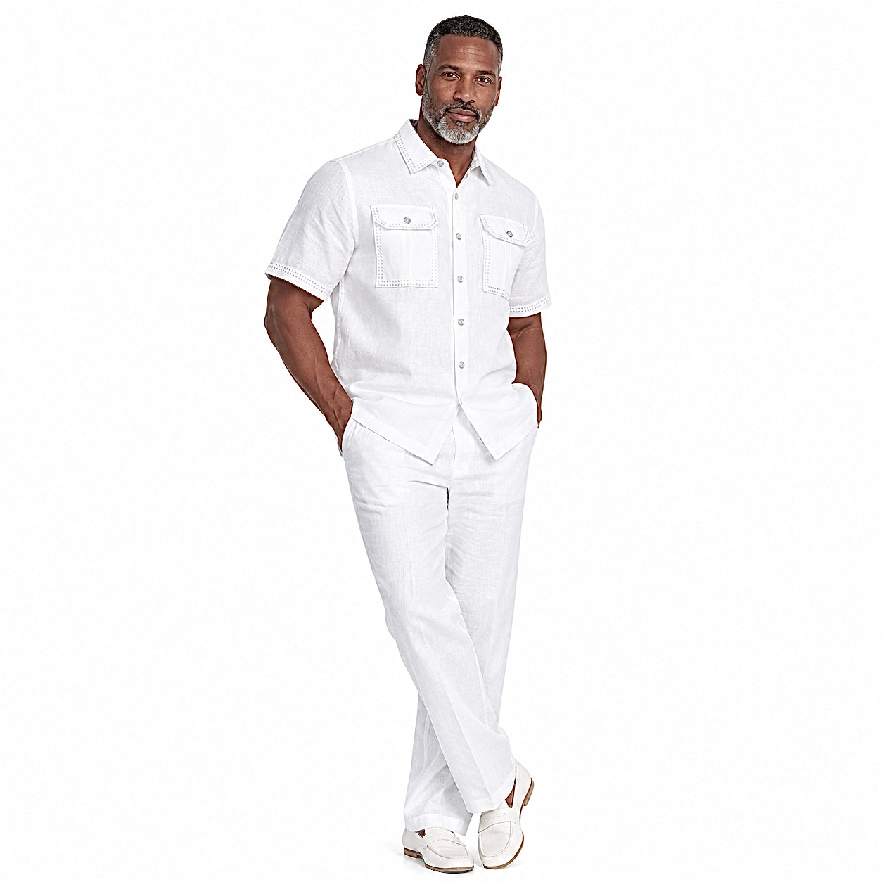 Prestige Men's Stitched Linen Pant Set – White (630)