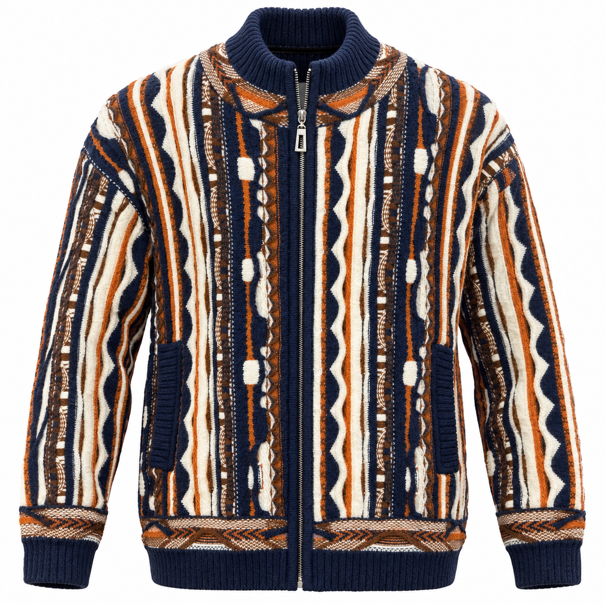 Silversilk Men’s Bomber Sweater Jacket: Blue Cream Cognac