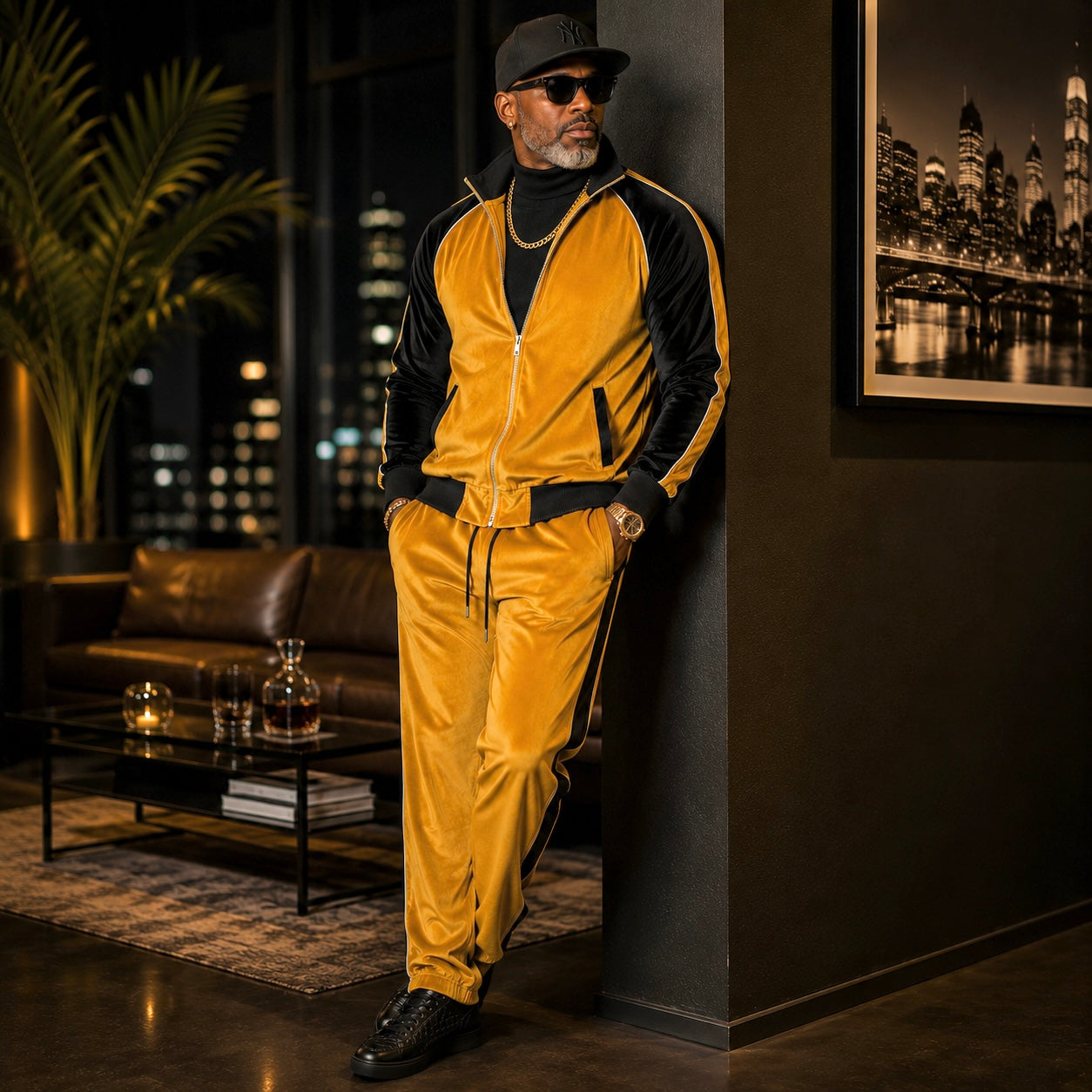 Inserch Men's Velour Track Jacket & Pant Set: Gold/Black