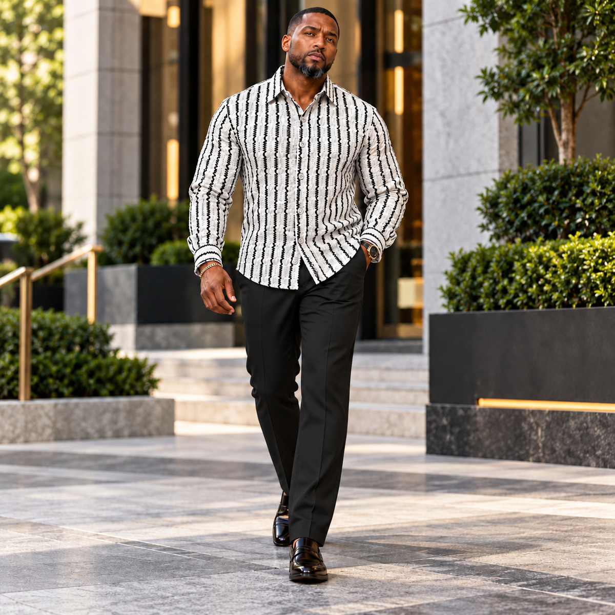 Men’s Lightweight Stretch Button Up Shirt: Black/White