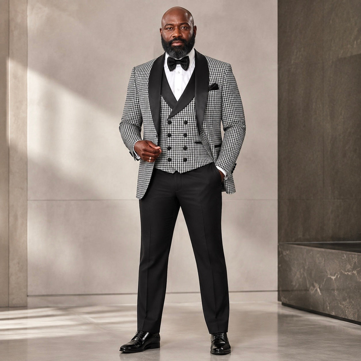 Rossi Man 3 Piece Tuxedo - Black White RM1948