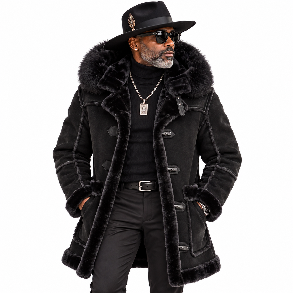 Jordan Craig Men’s Shearling Detachable Hooded Coat – Jet Black