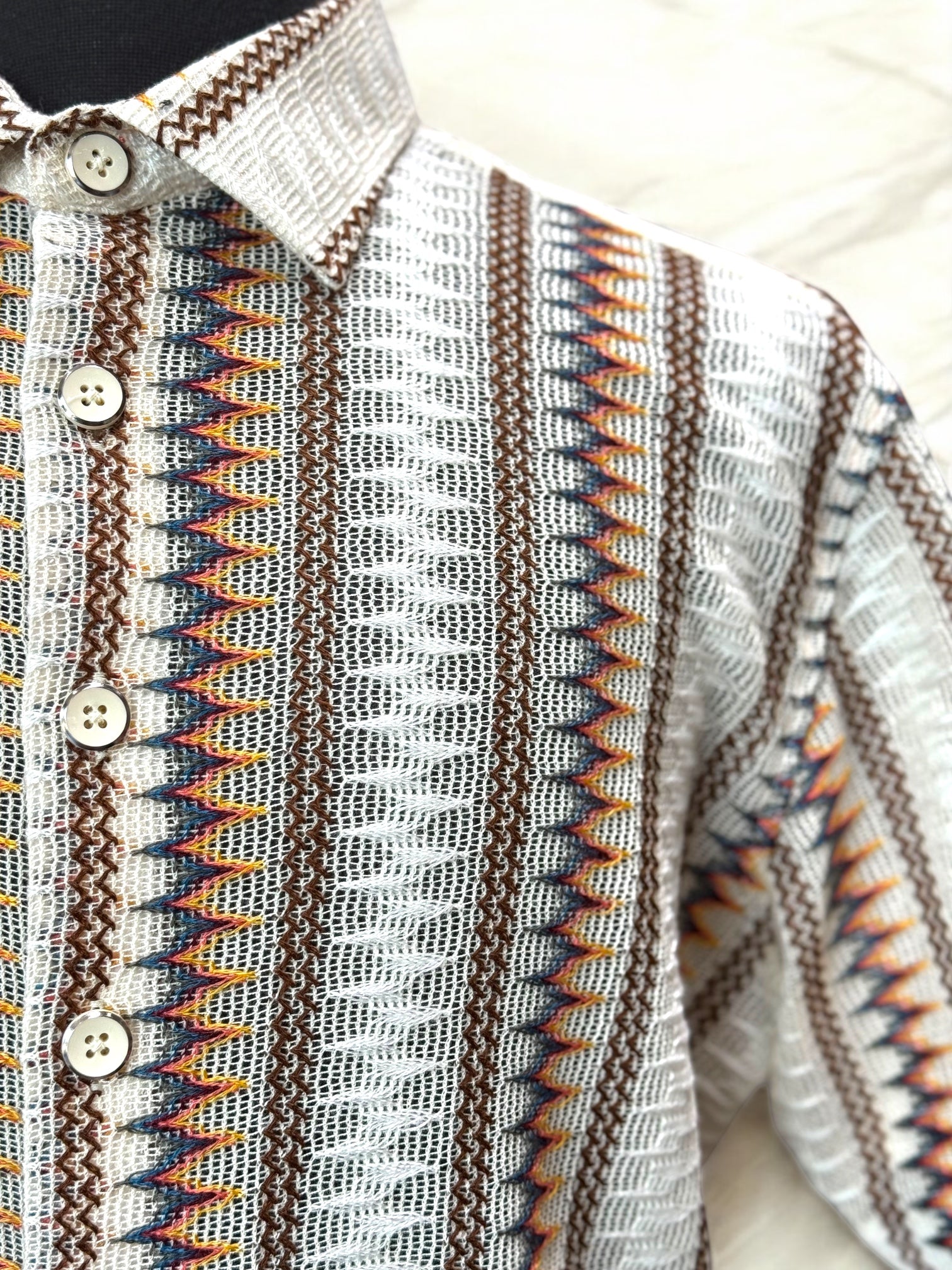 Lanzino "Woven" Short Sleeve Shirt (White/Beige) 117