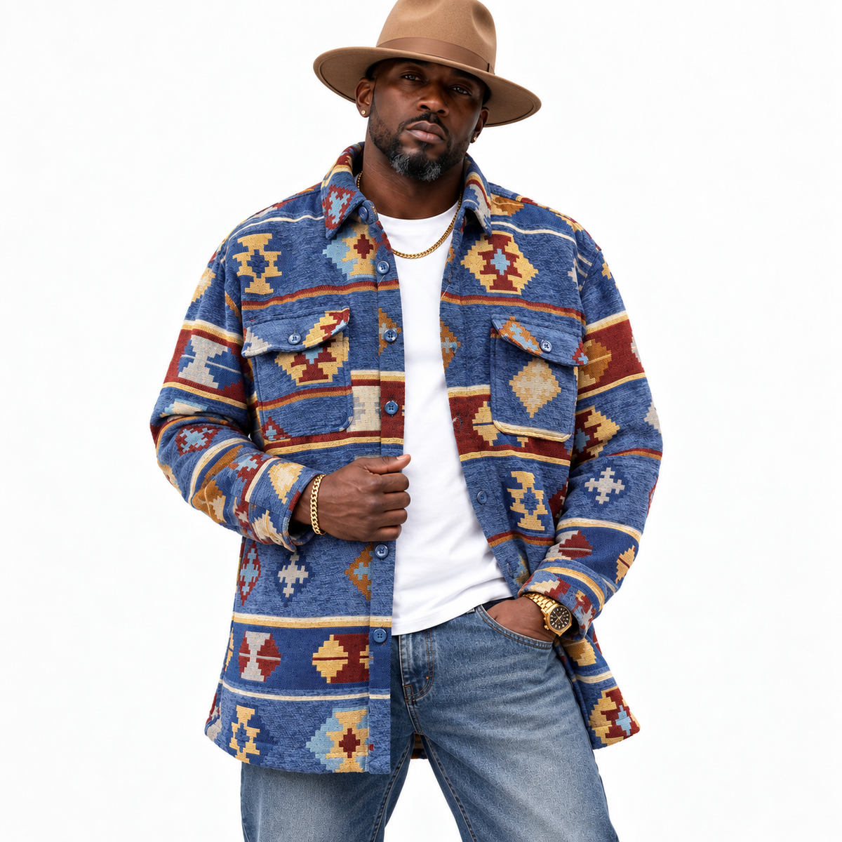 Lanzino Men’s Luxury Shirt Jacket – Blue Tan Burgundy
