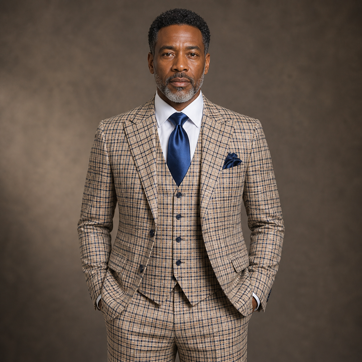 Rossi Man Modern Fit 3-Piece Vested Suit - Tan Navy 2010