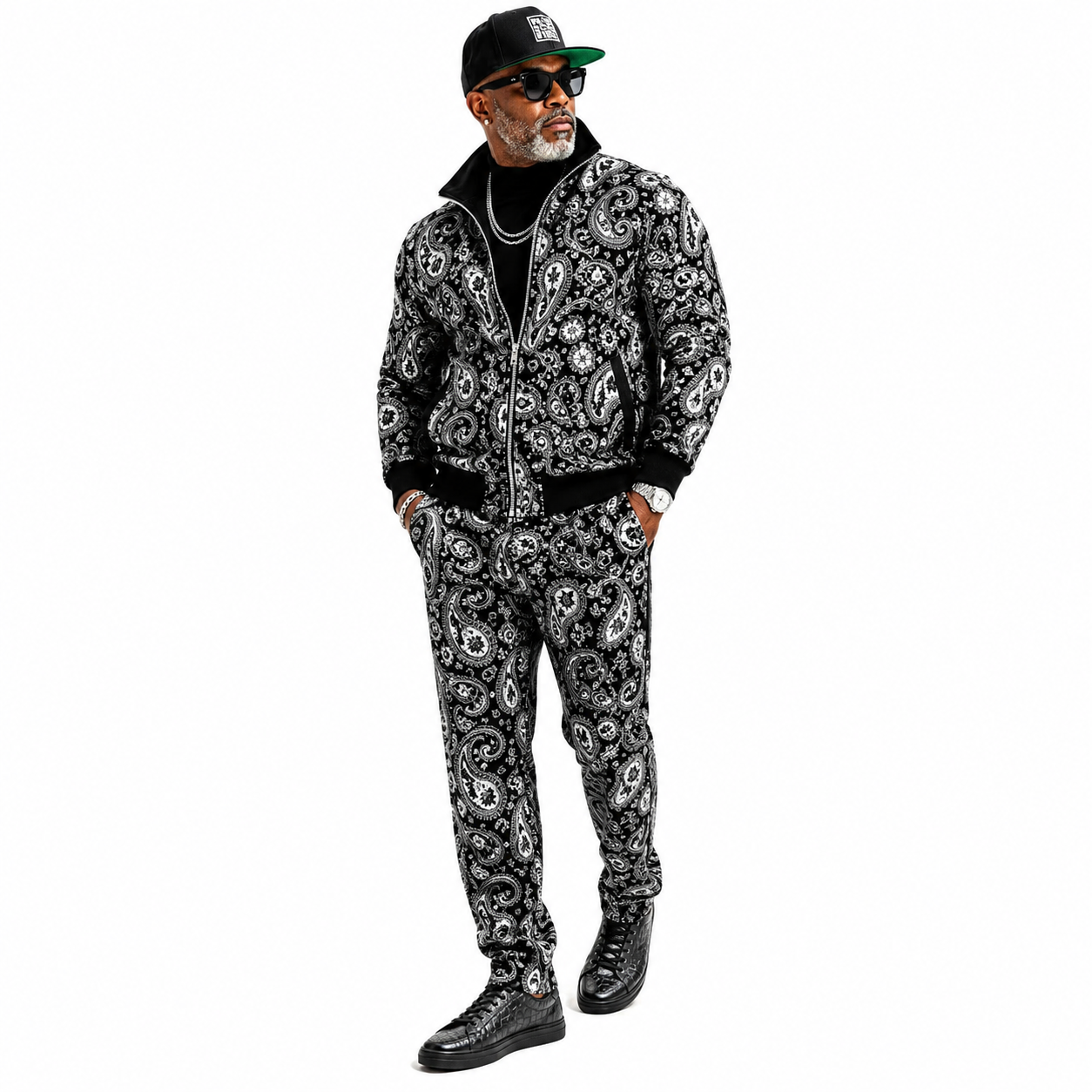 Inserch Men's Paisley Velour Track Jacket & Pant Set: Black