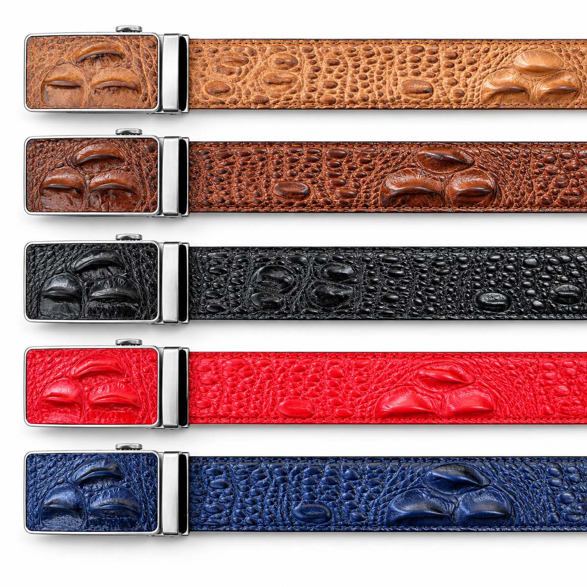 Croco Embossed Leather Track Belt: Navy