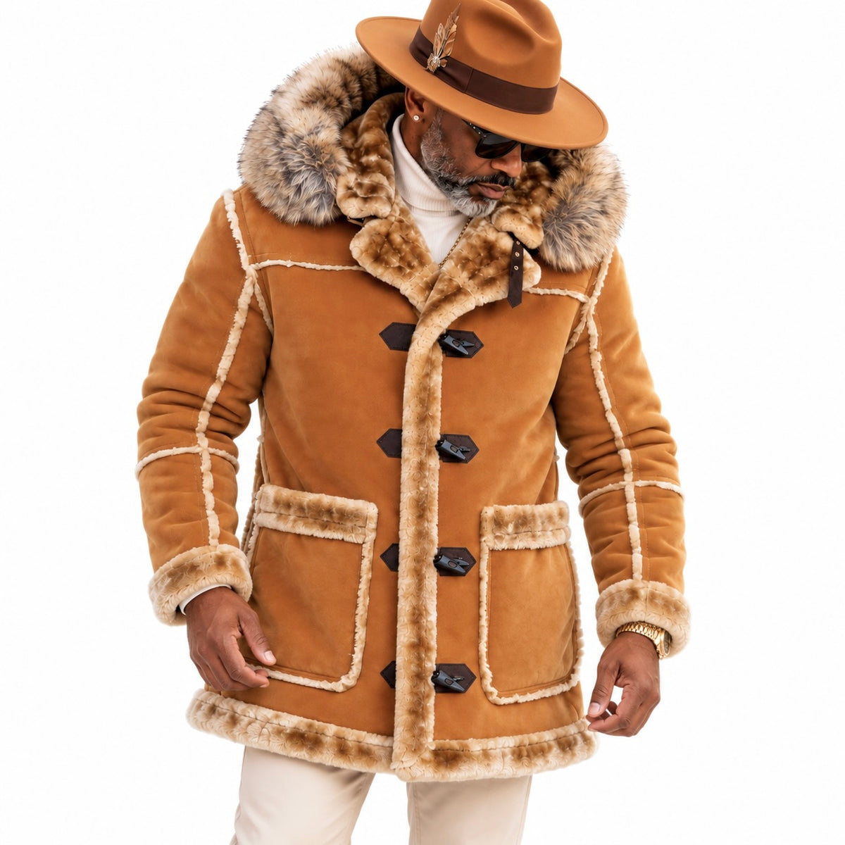 Jordan Craig Men’s Shearling Detachable Hooded Coat – Cognac