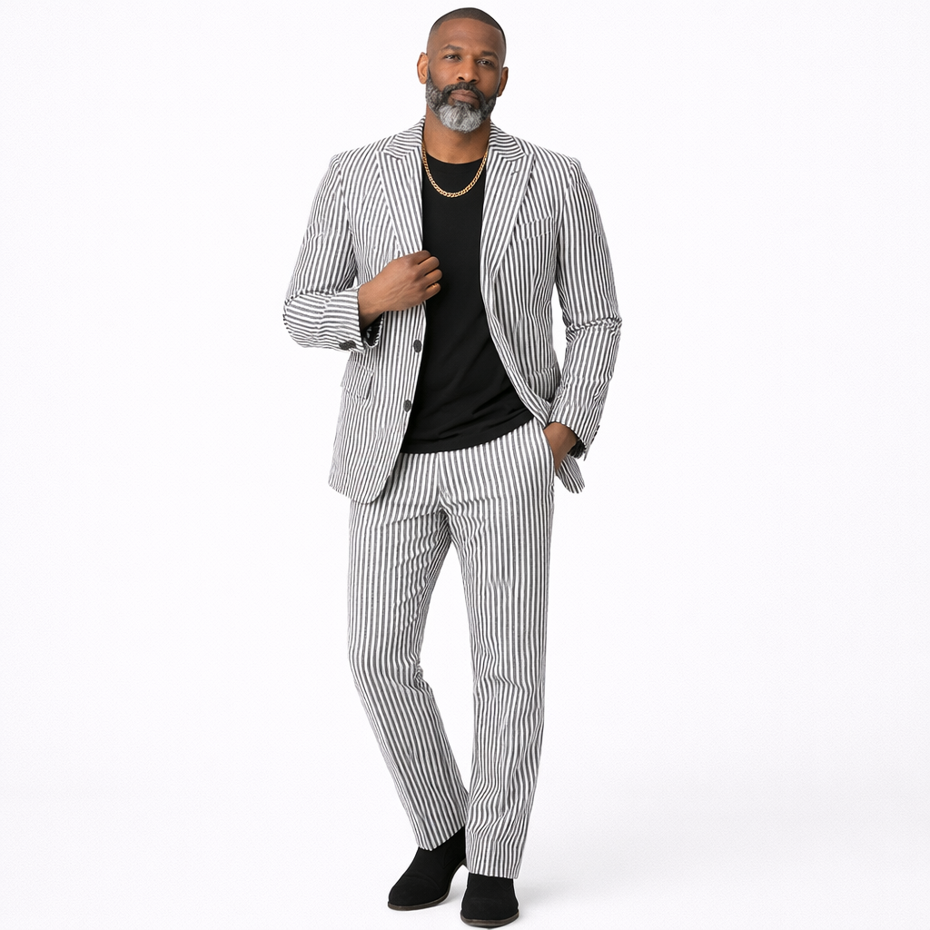 Inserch Men’s Premium Cotton Seersucker Stripe Suit – Black