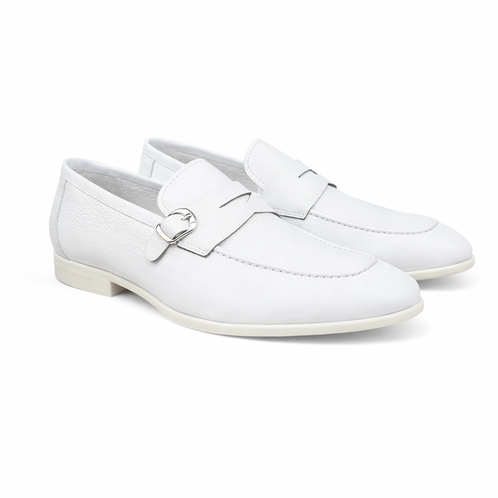 Carrucci Grant Buckle Loafer Premium Pebbled Leather Dress Shoe – White