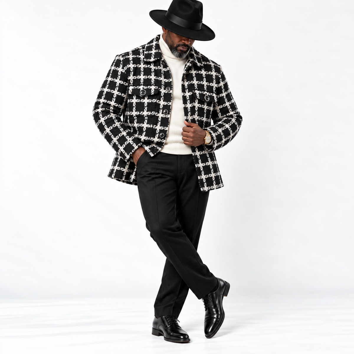 Lanzino Men’s Luxury Shirt Jacket – Black White