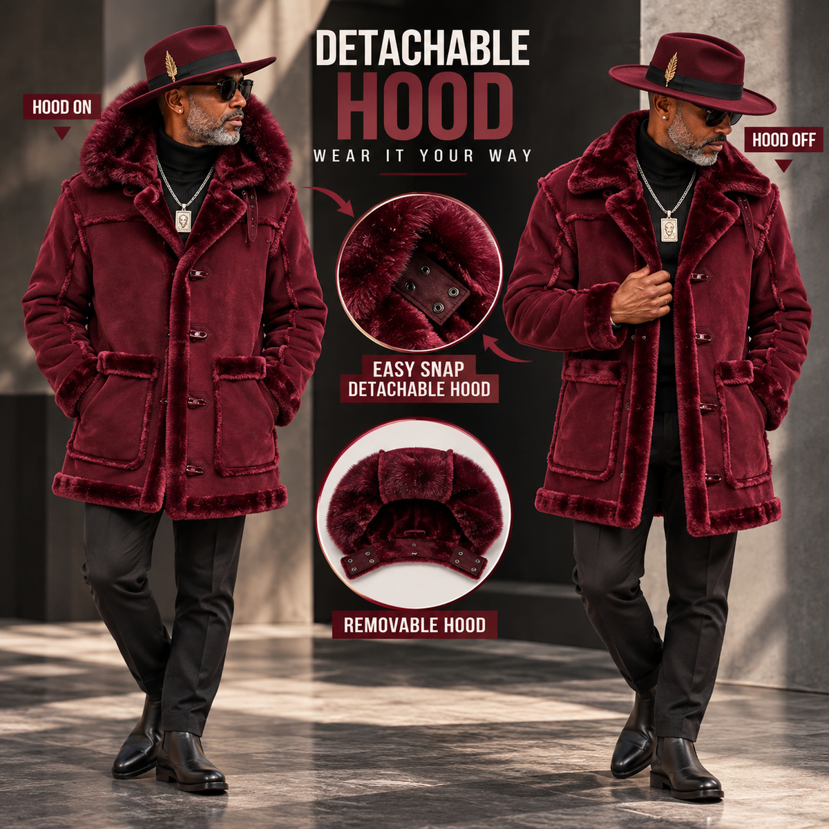 Jordan Craig Men’s Shearling Detachable Hooded Coat – Wine