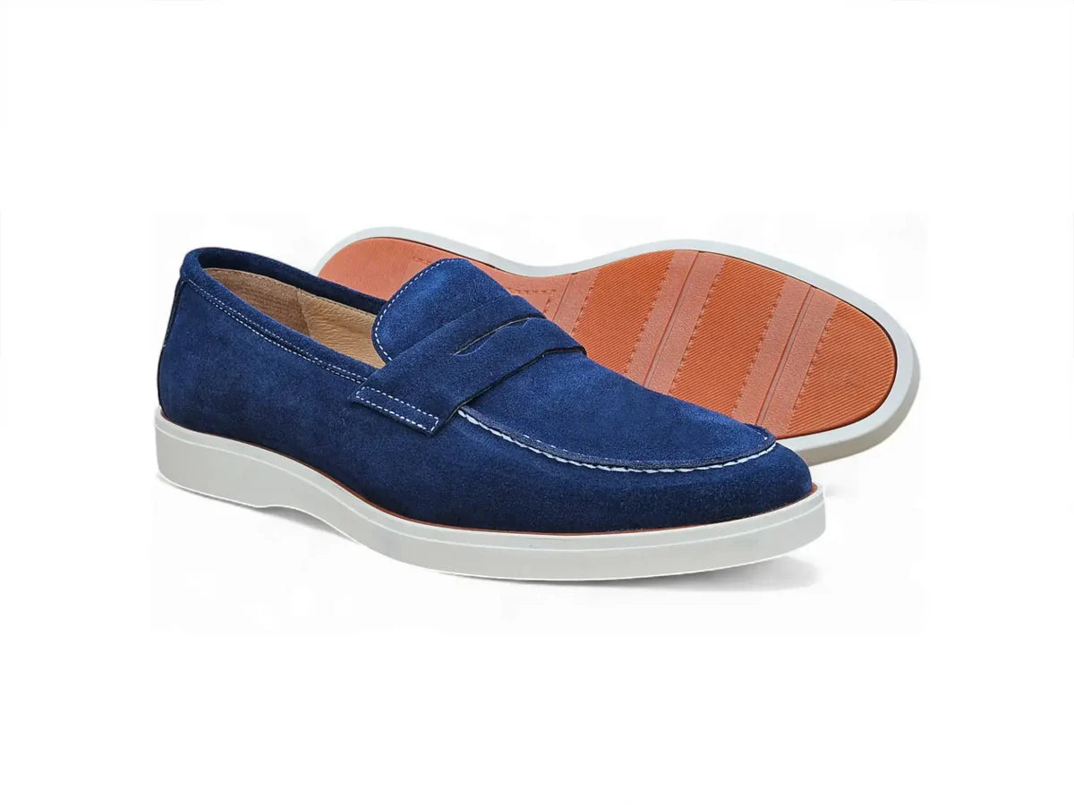 Carrucci Men's Suede Penny Loafers – Sport Sole Casual Slip-On Dress Shoes, Blue