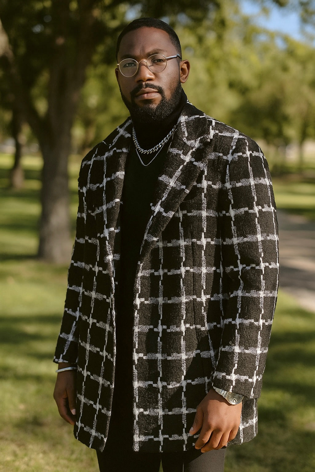 Lanzino "Nightfall" Blazer Coat + Short Scarf (Black/White)