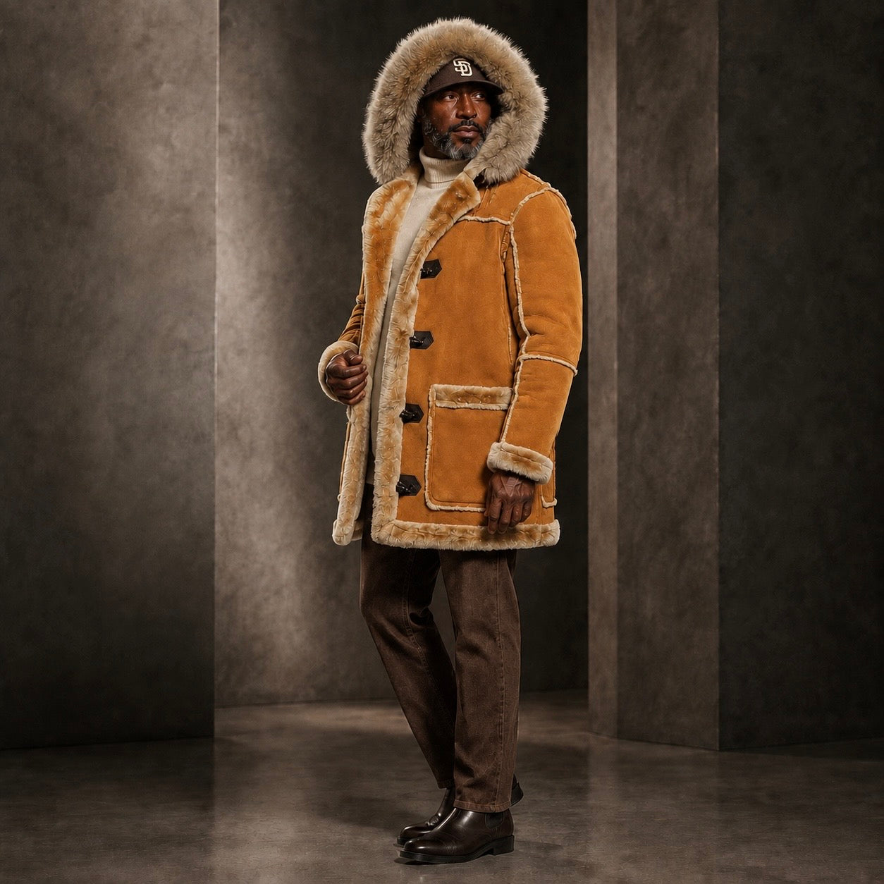 Jordan Craig Men’s Shearling Detachable Hooded Coat – Cognac