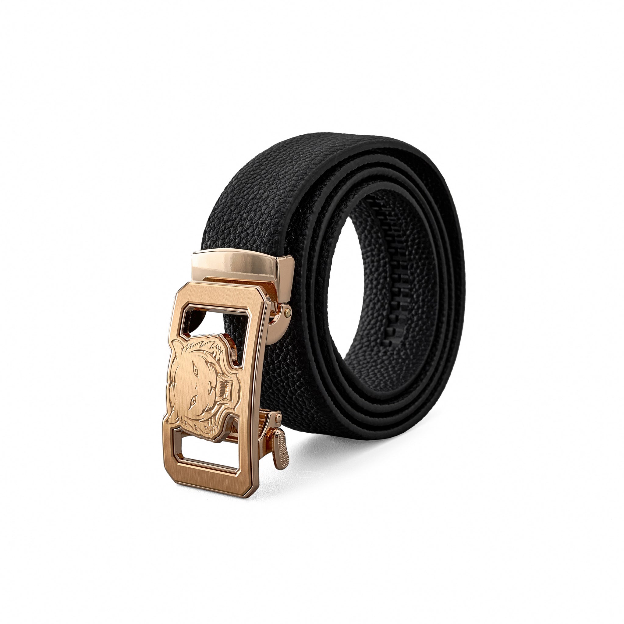 Pebbled Leather Lion Auto BKL Belt – Gold Ed. GOLD/BLACK