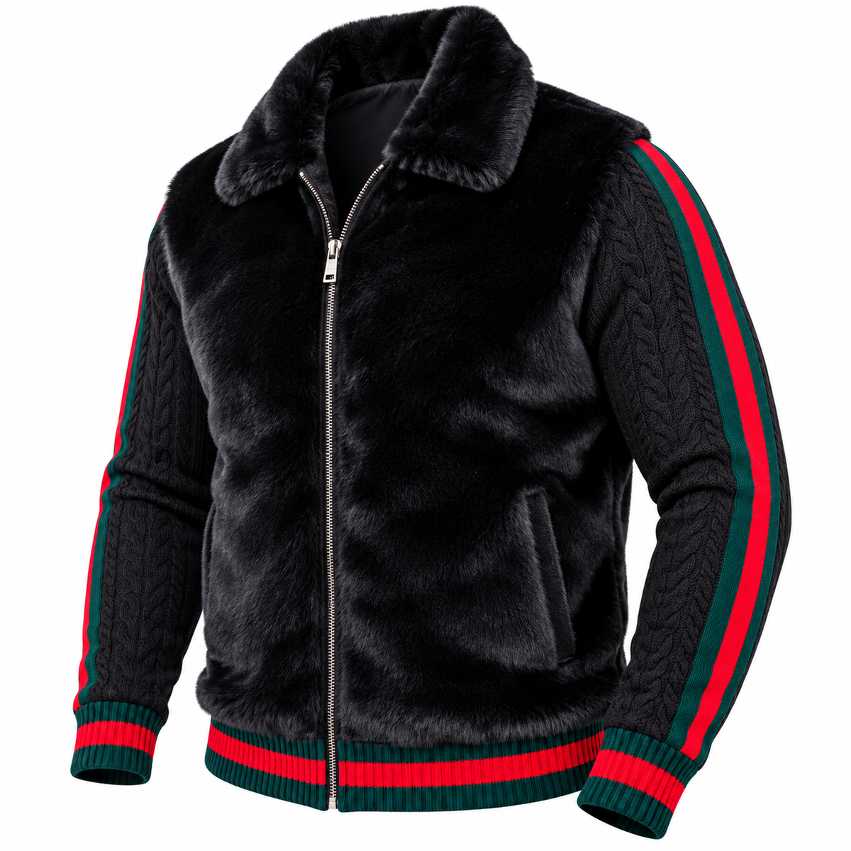 Prestige Fur Bomber Sweater Jacket (Black/Red/Green) 175