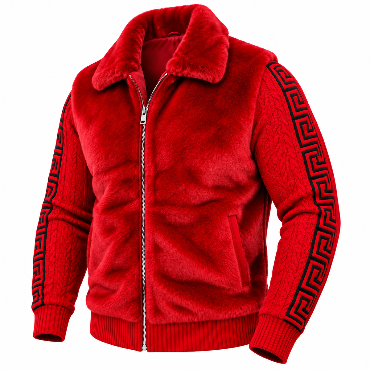 Prestige Fur Bomber Sweater Jacket (Red/Black) 170