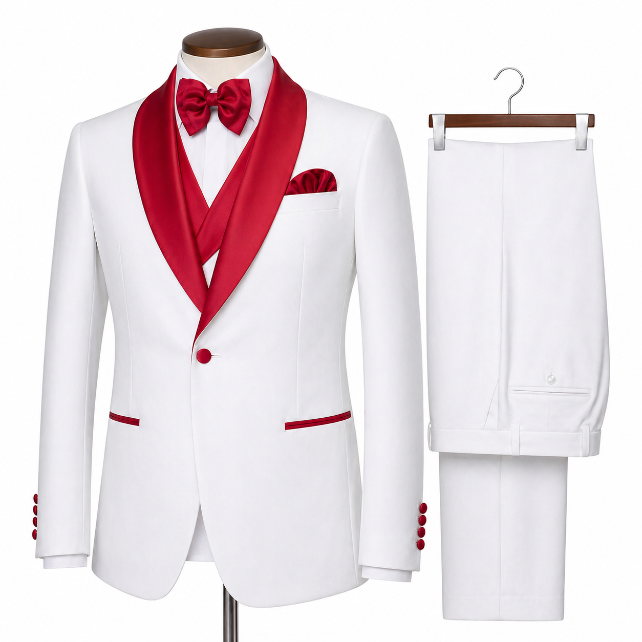 Rossi Man 3 Piece Tuxedo - White Red RM1962