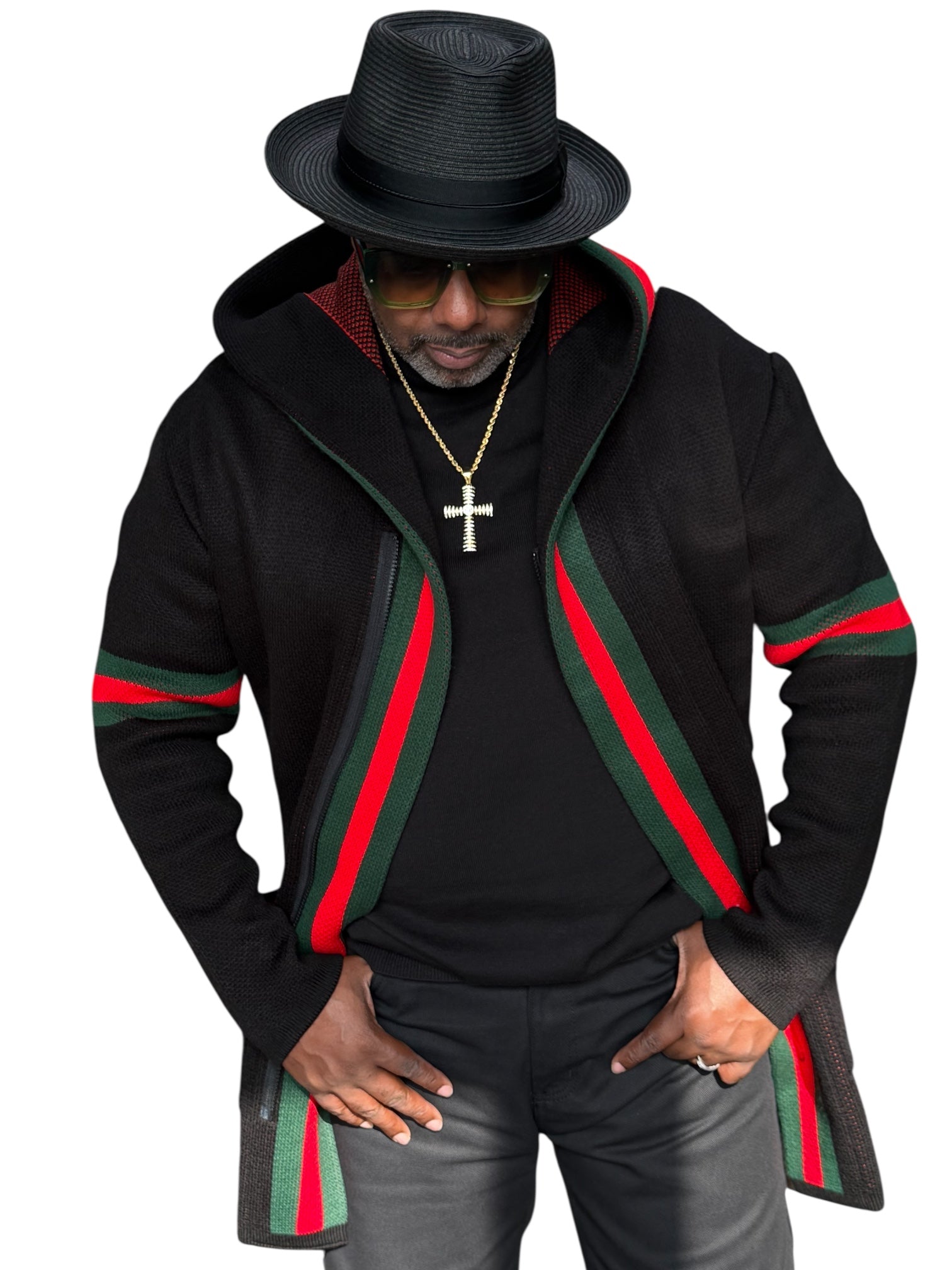 OIM "Designer" Cardigan 3/4 Length Sweater Jacket (Black/Red)