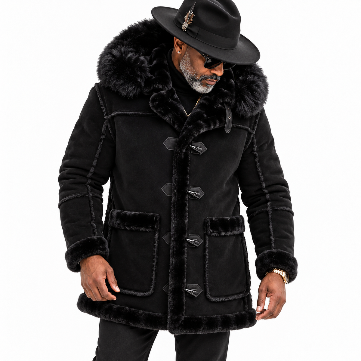 Jordan Craig Men’s Shearling Detachable Hooded Coat – Jet Black