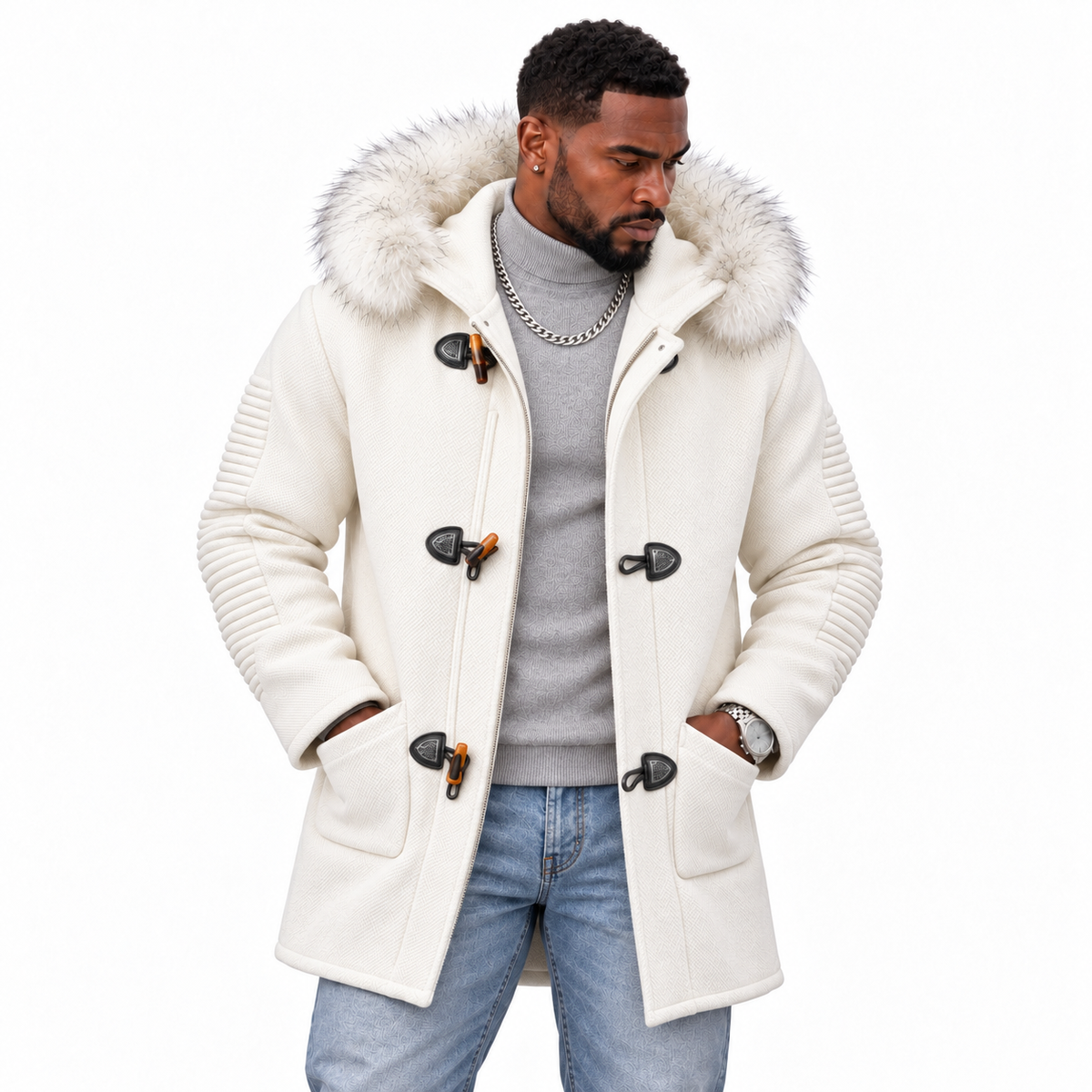OIM Faux Fur 3/4 Length Toggle Cardigan: Sugar