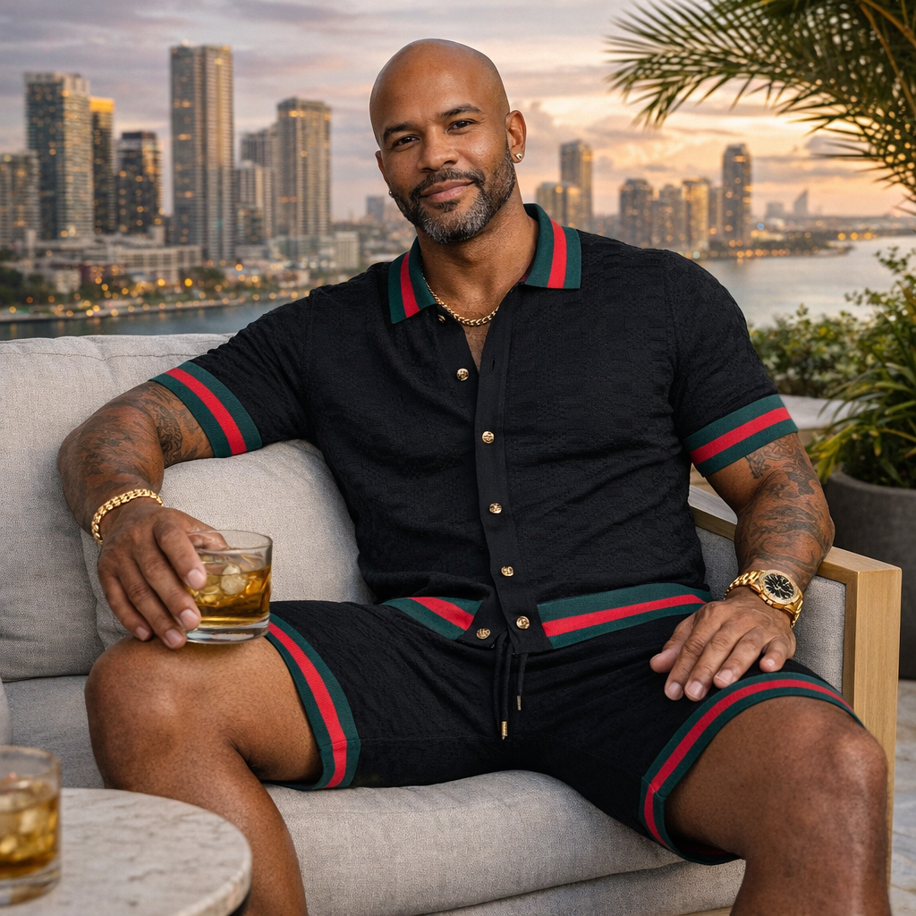 Prestige Men’s Knit Short Set – Signature Stripe Trim Black