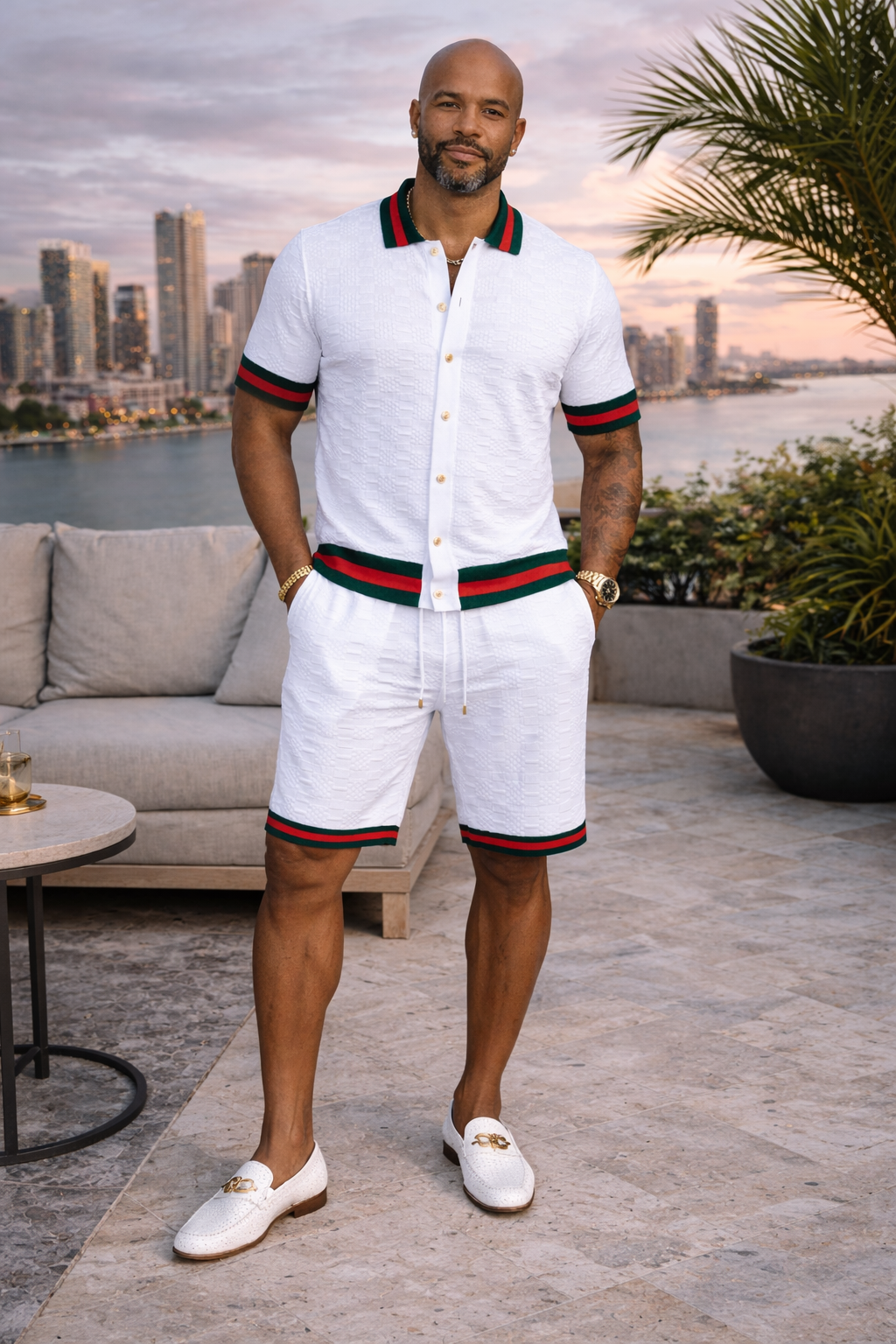 Prestige Men’s Knit Short Set – Signature Stripe Trim White