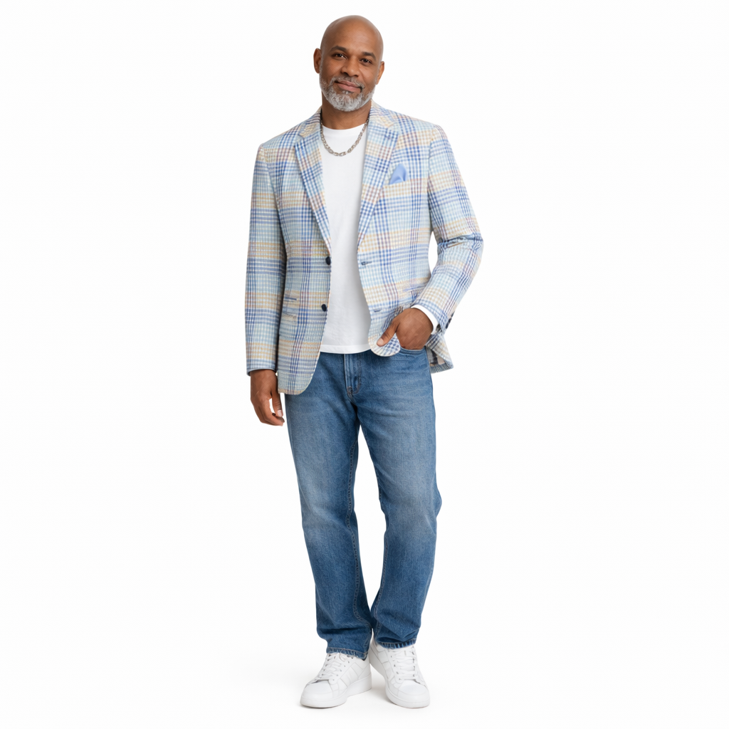 Inserch Seersucker Check Blazer – Blue Tan Multi Plaid Sport Coat – Modern Fit