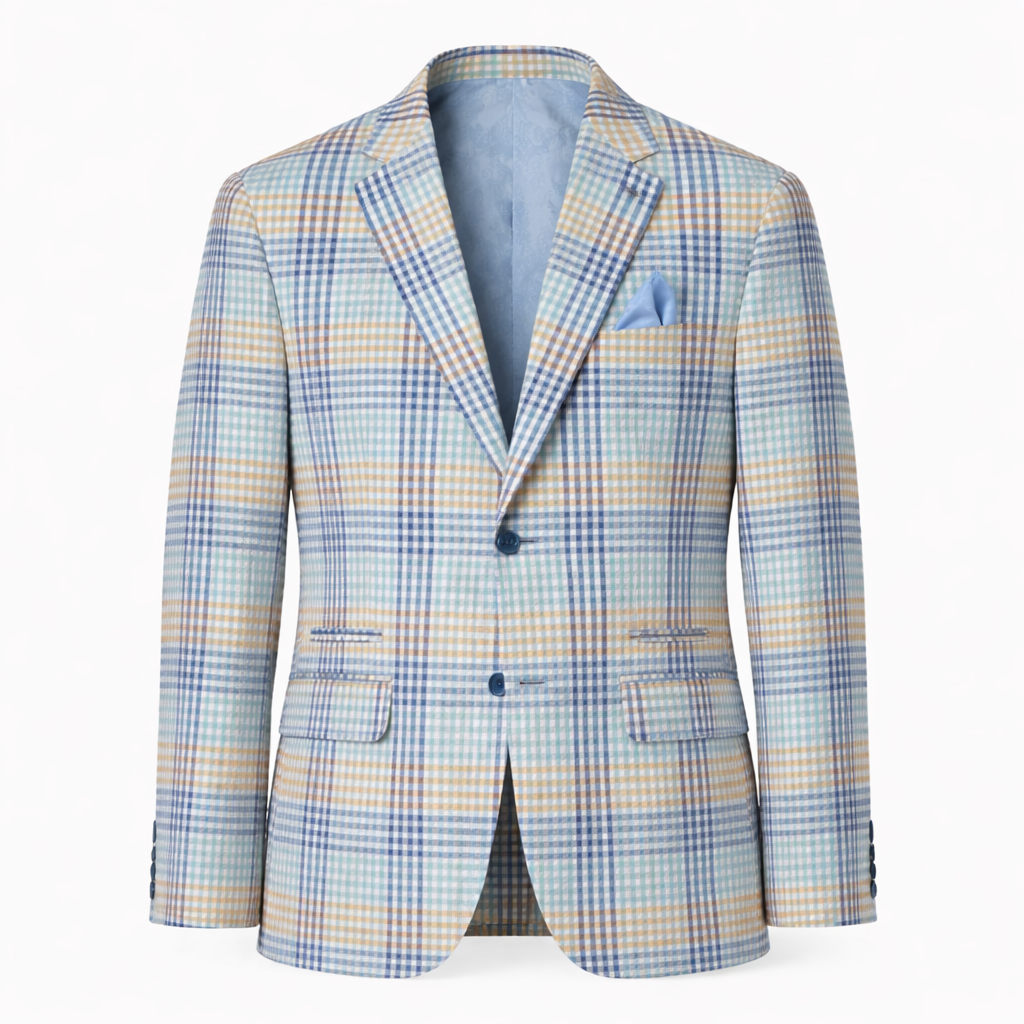 Inserch Seersucker Check Blazer – Blue Tan Multi Plaid Sport Coat – Modern Fit